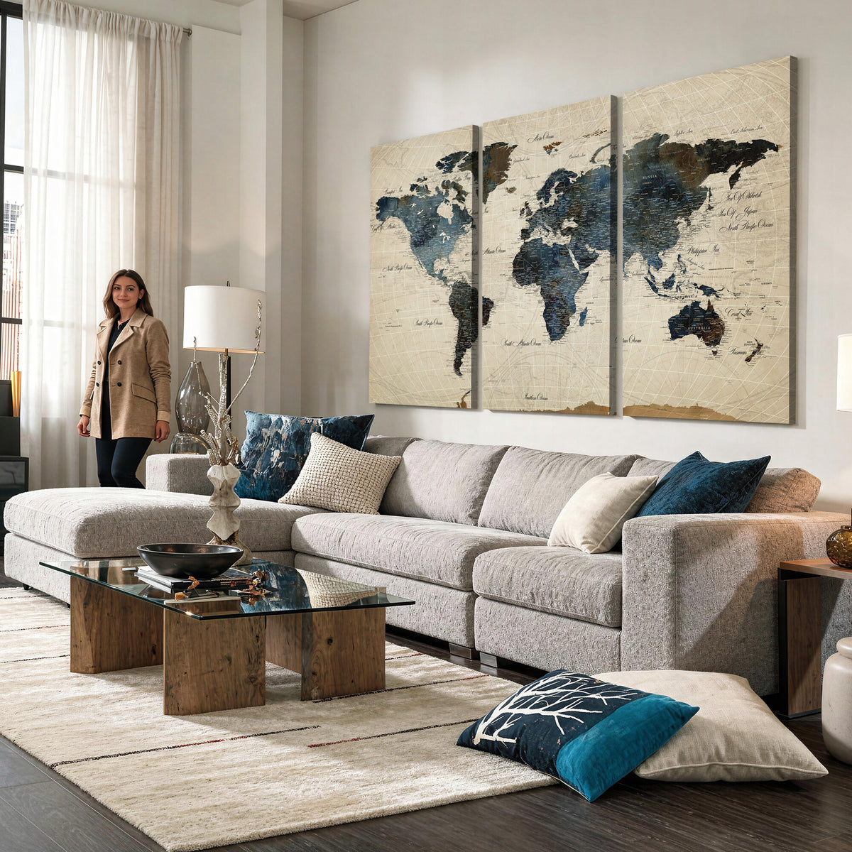 72927803-MGV-CV-36X24 - World Map Wall Art Canvas Print, Modern Decorative Framed Map Artwork Prints for Living Room, Office, Bedroom Wall Decor