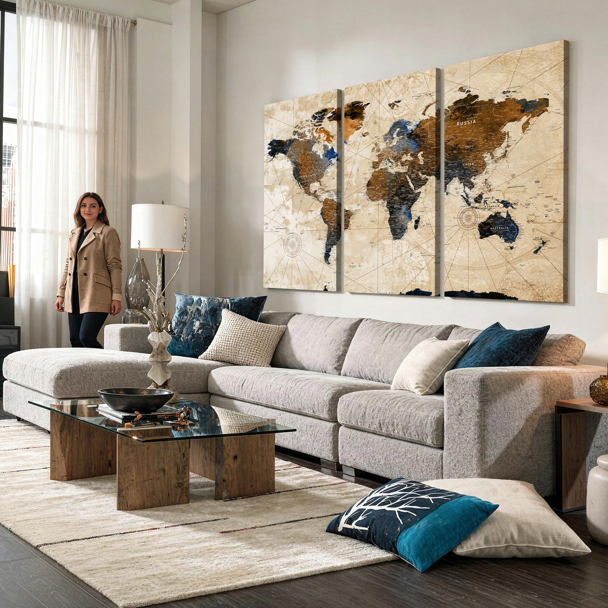 15727090-MGV-CV-36X24 - World Map Wall Art Canvas Print, Modern Decorative Framed Map Artwork Prints for Living Room, Office, Bedroom Wall Decor