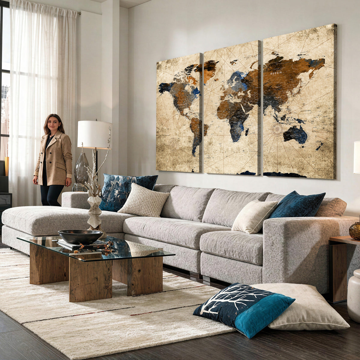 27163414-MGV-CV-36X24 - World Map Wall Art – Rustic Earth Tone Canvas Print, Antique