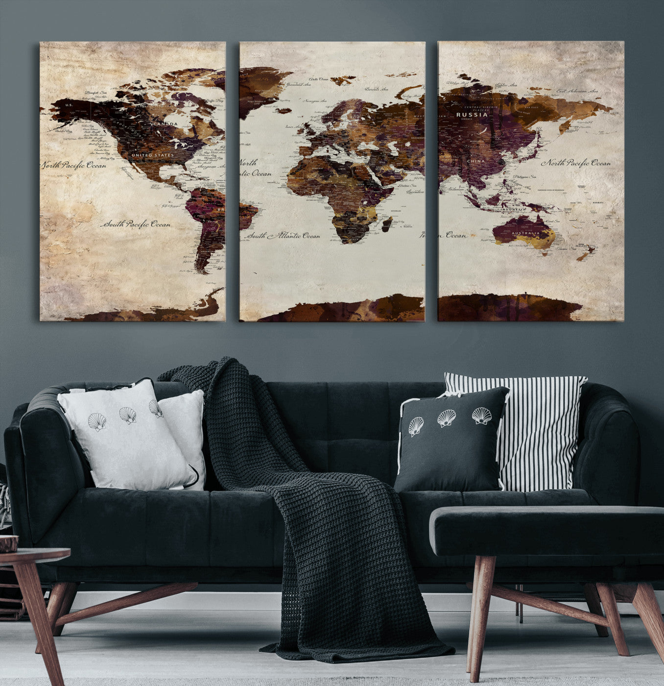 50611123-MGV-CV-36X24 - World Map Canvas Triptych – Colorful Global Wall Art for Living Rooms, Offices, and Study Spaces