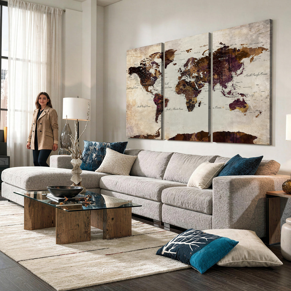50611123-MGV-CV-36X24 - World Map Canvas Triptych | Colorful Global Wall Art for Living Rooms