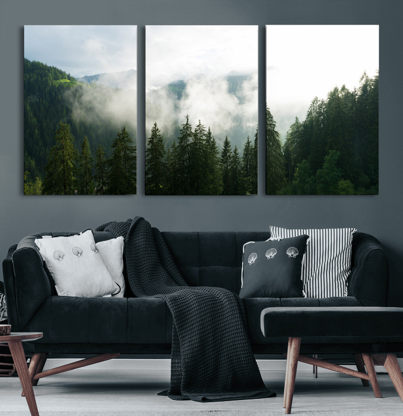 67174129-MGV-CV-36X24 - Misty Mountain Forest Canvas Print, Foggy Pine Trees Nature Wall Art, Framed Canvas Ready to Hang