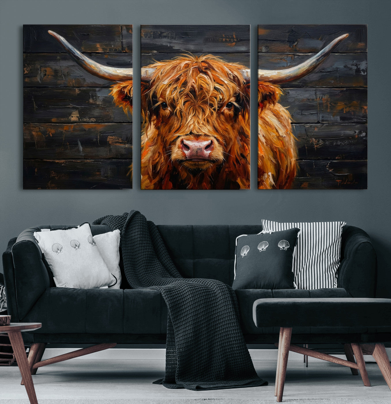 32536611-MGV-CV-36X24 - Highland Cow Wall Art Canvas Print, Rustic Farm Animal Painting, Framed Wall Art Ready to Hang