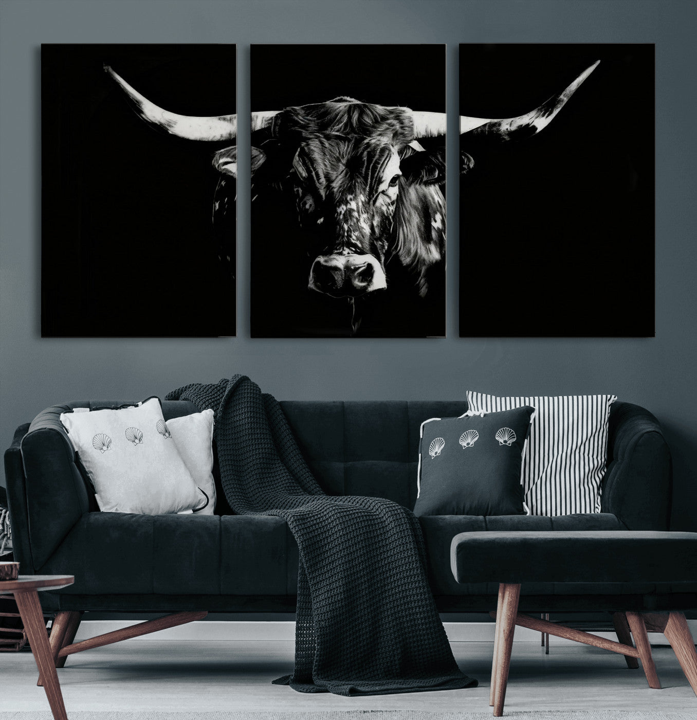 21436434-MGV-CV-36X24 - Black Bull Wall Art Canvas Print, Dark Longhorn Portrait Photography, Framed Wall Art Ready to Hang