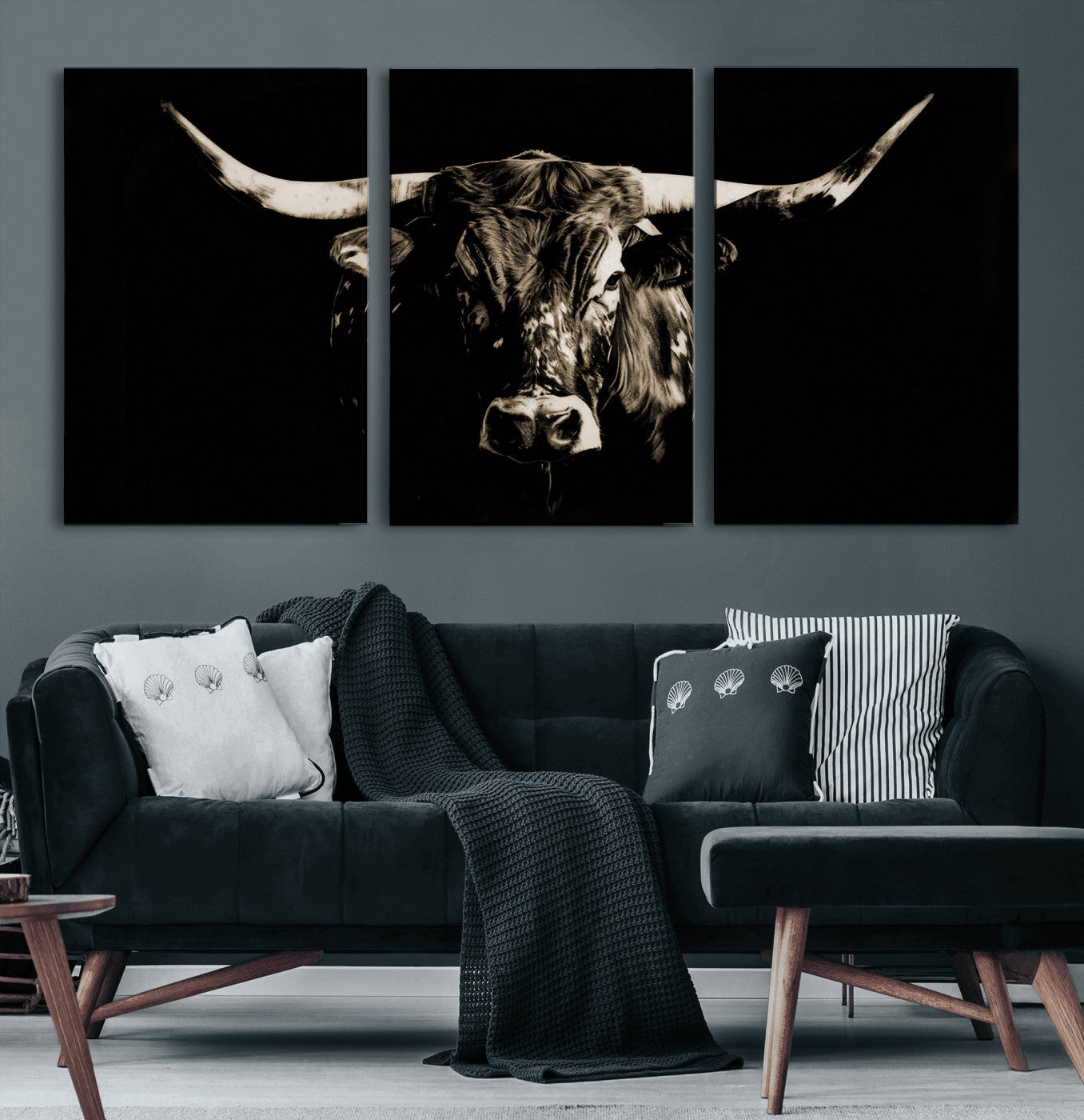 75774468-MGV-CV-36X24 - Black Bull Wall Art Canvas Print, Dark Longhorn Portrait Photography, Framed Wall Art Ready to Hang