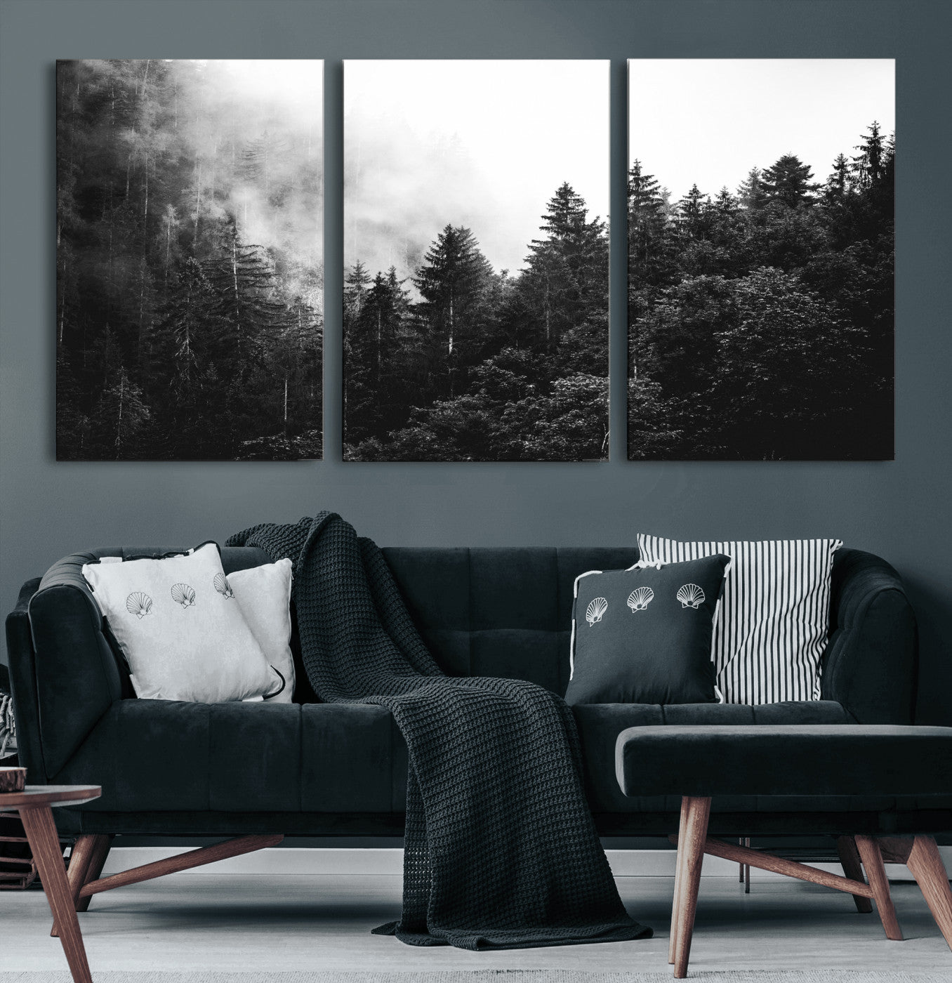 98764151-MGV-CV-36X24 - Black and White Forest Wall Art Canvas Print, Misty Pine Tree Landscape Photography, Framed Wall Art Ready to Hang