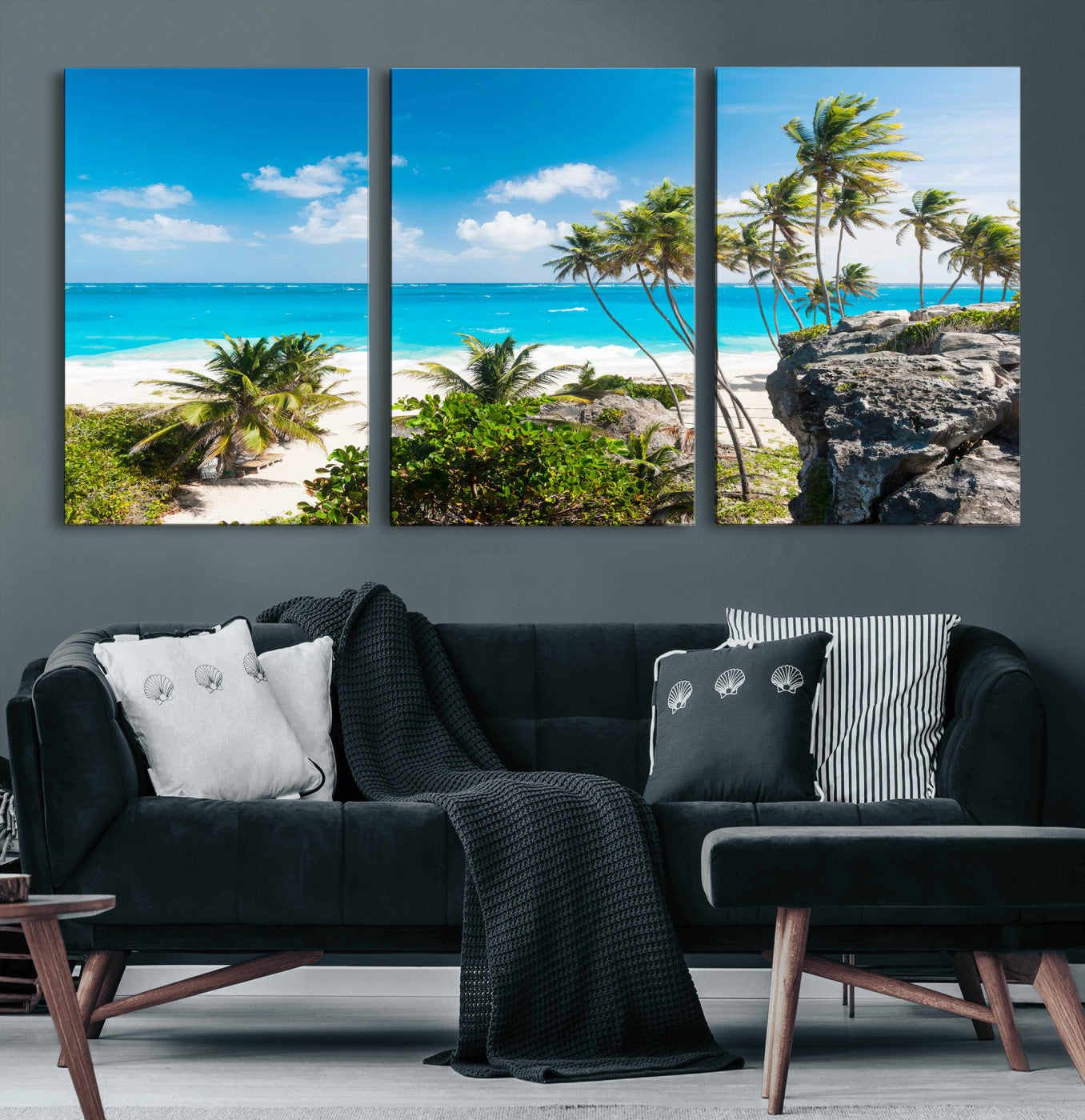 79995168-MGV-CV-36X24 - Barbados Beach Wall Art Canvas Print, Palm Tree Ocean Landscape, Turquoise Sea Coastal Photography, Tropical Island Wall Decor, Framed Ready to Hang