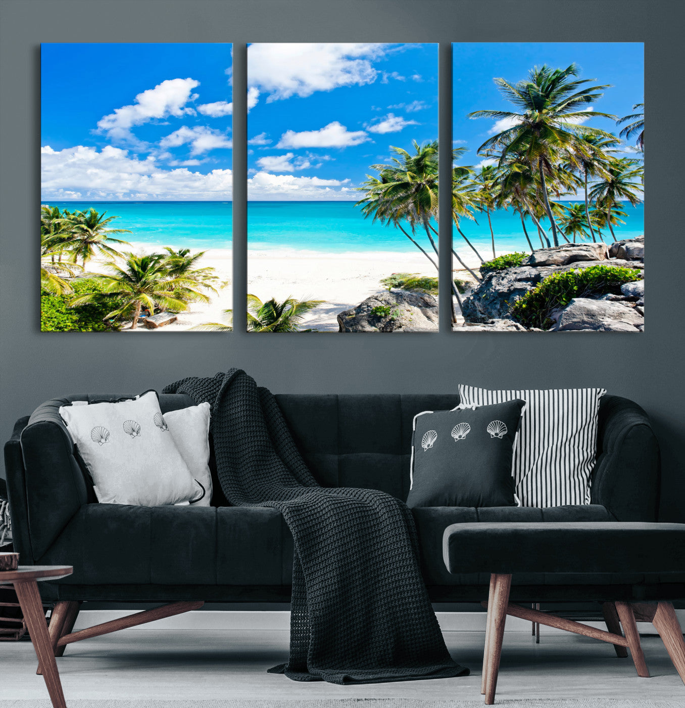 29232878-MGV-CV-36X24 - Barbados Beach Wall Art Canvas Print, Palm Tree Ocean Landscape, Turquoise Sea Coastal Photography, Tropical Island Wall Decor, Framed Ready to Hang
