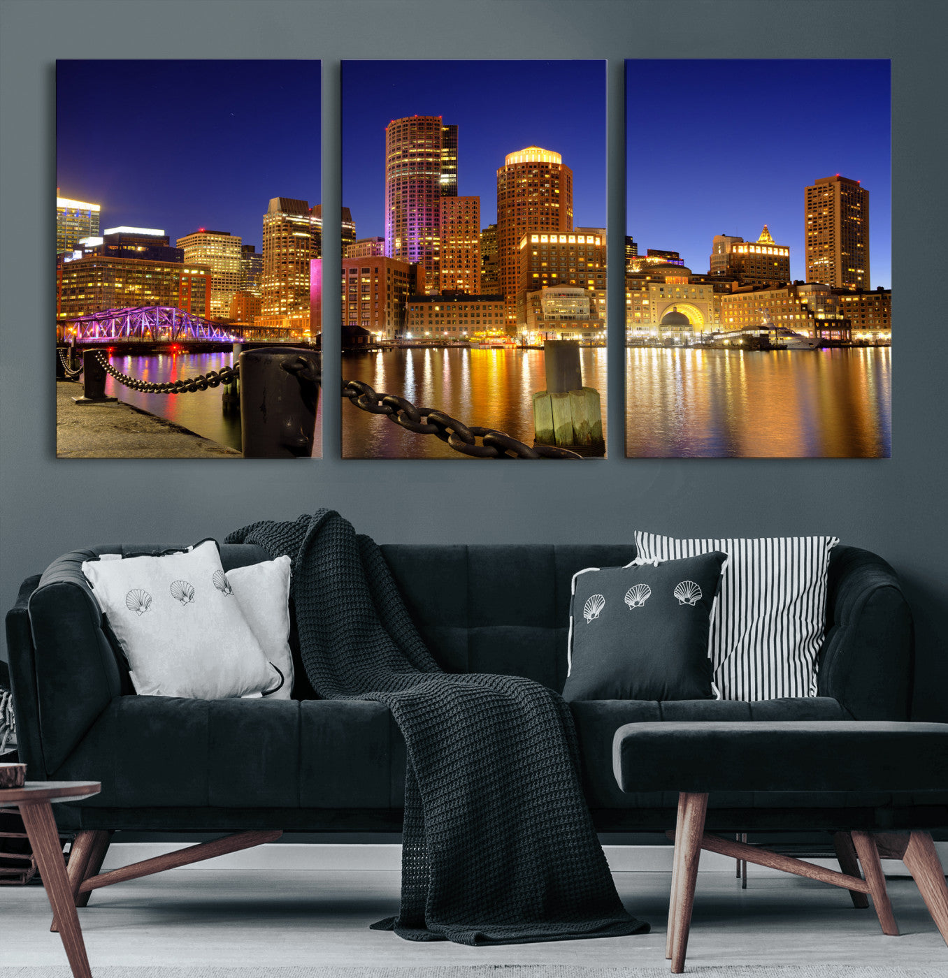 56611117-MGV-CV-36X24 - Boston Wall Art Canvas Print, Boston City Downtown Night Cityscape Print for Modern Urban Wall Decor