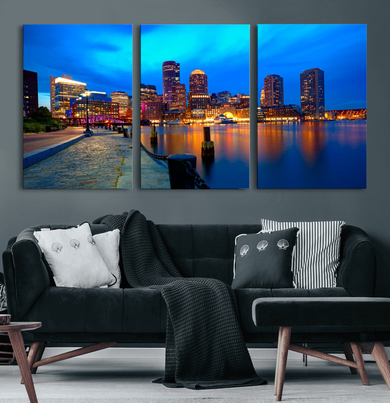 69619565-MGV-CV-36X24 - Boston Wall Art Canvas Print, Boston City Downtown Night Cityscape Print for Modern Urban Wall Decor