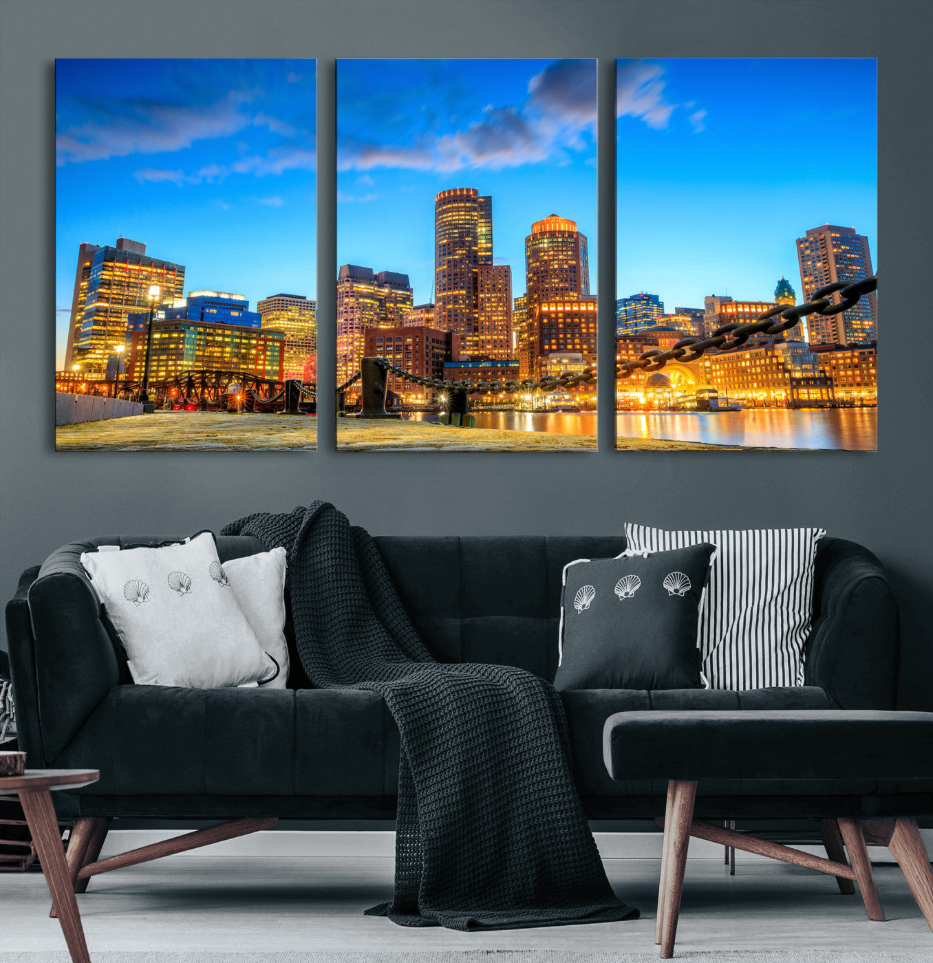 46736409-MGV-CV-36X24 - Boston Wall Art Canvas Print, Boston City Downtown Night Cityscape Print for Modern Urban Wall Decor