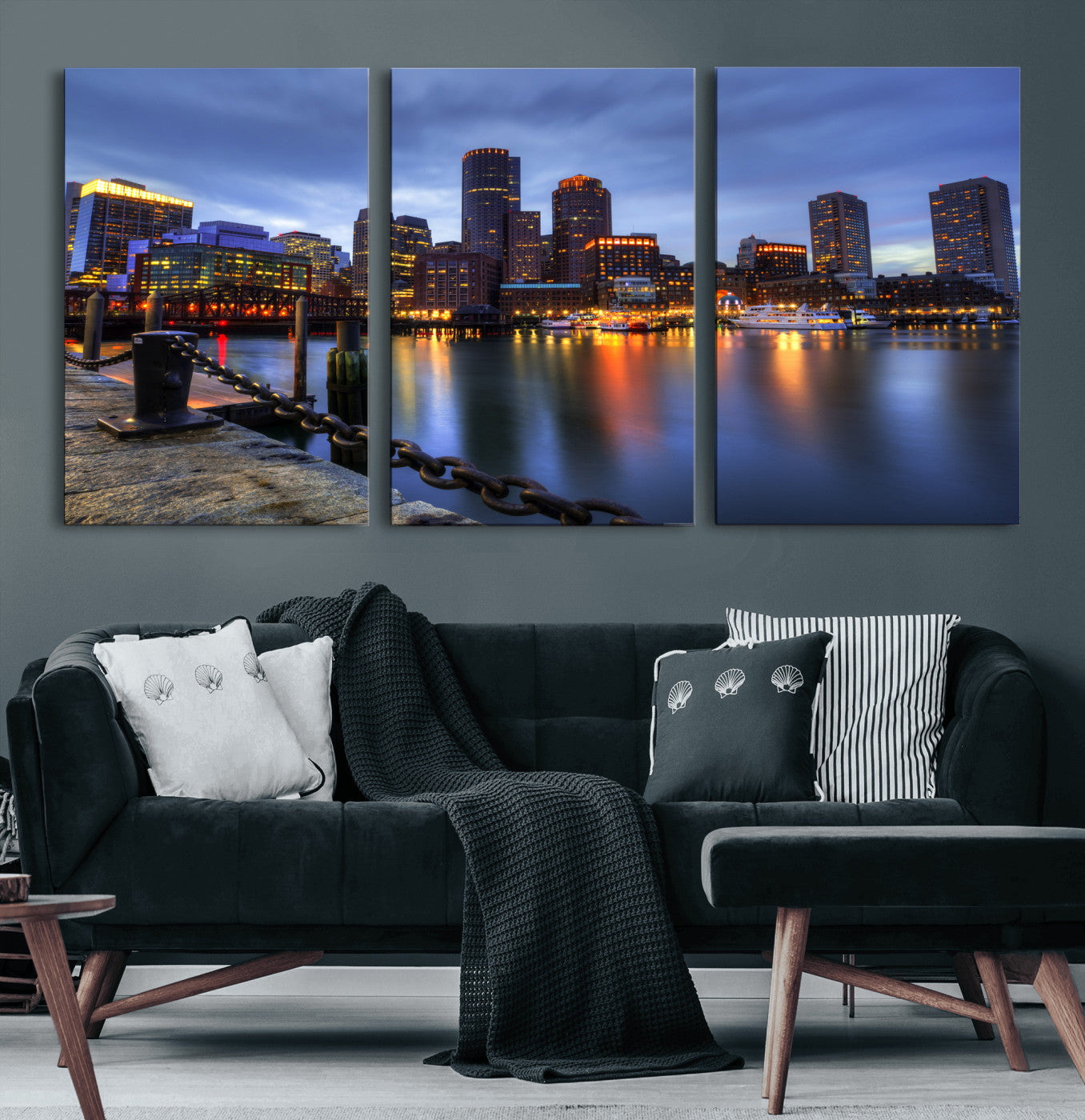 82439622-MGV-CV-36X24 - Boston Wall Art Canvas Print, Boston City Downtown Night Cityscape Print for Modern Urban Wall Decor