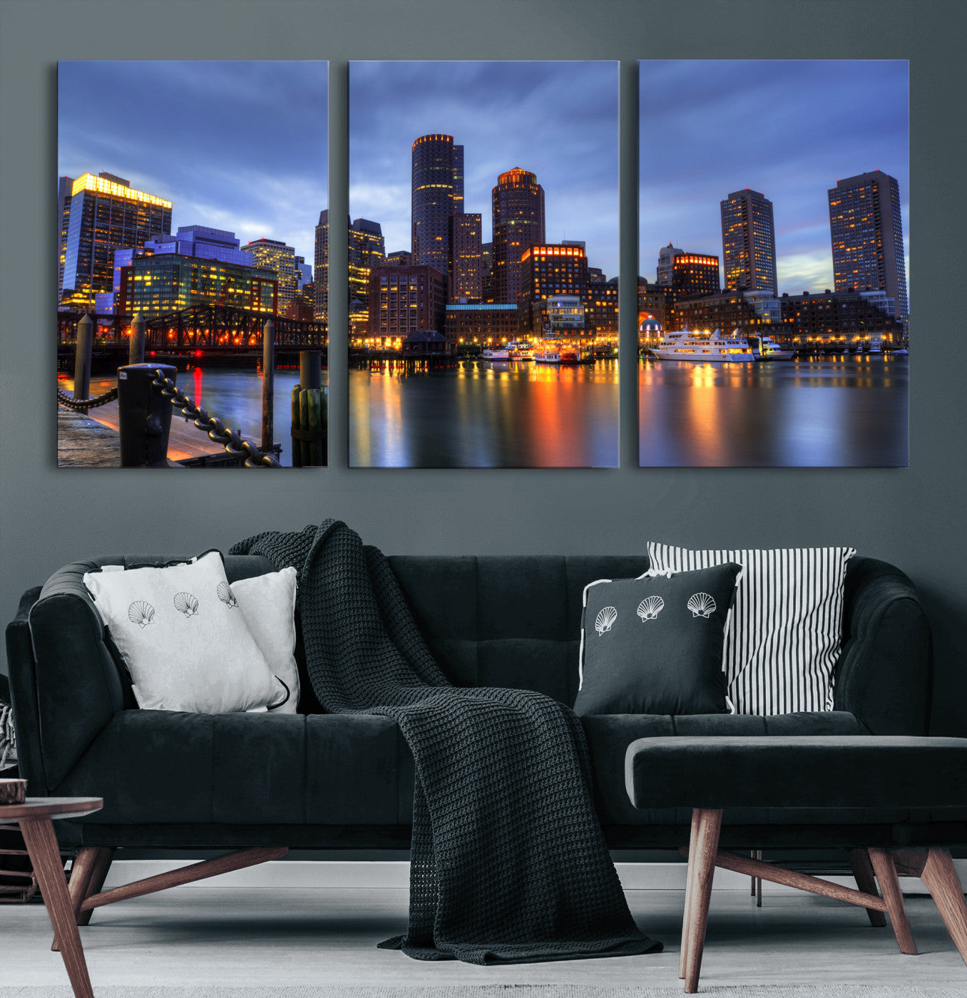 74951698-MGV-CV-60X30-3P - Boston Wall Art Canvas Print, Boston City Downtown Night Cityscape Print for Modern Urban Wall Decor