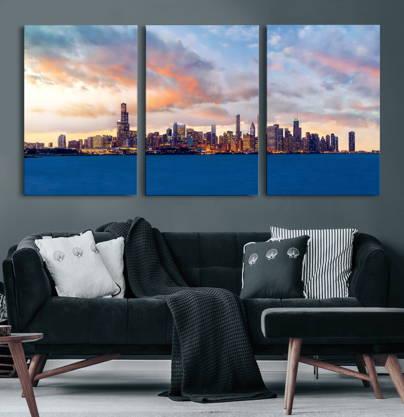 34667960-MGV-CV-36X24 - Chicago Wall Art Canvas Print, Chicago City Downtown Night Cityscape Print for Modern Urban Wall Decor