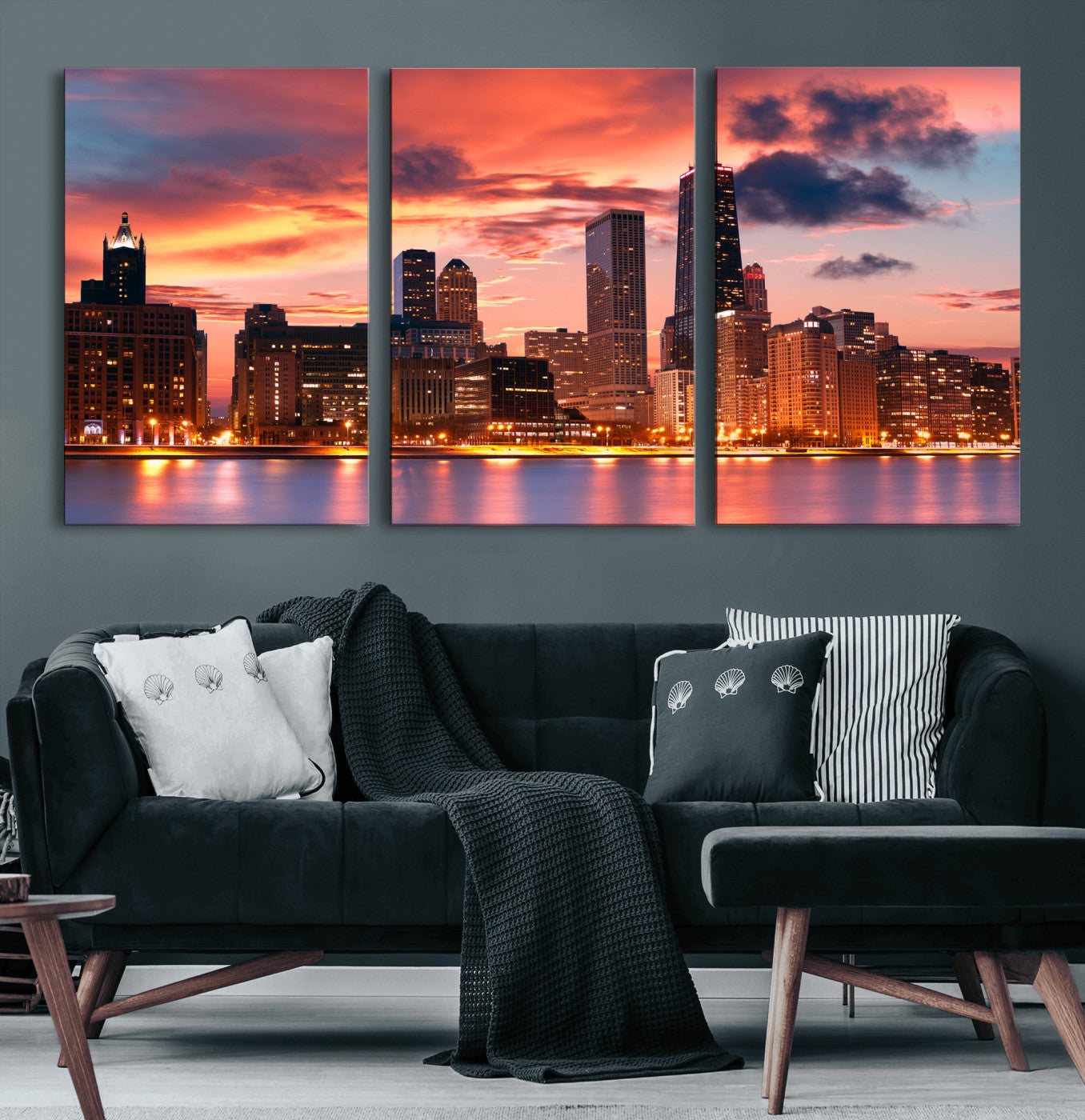 80390109-MGV-CV-36X24 - Chicago Wall Art Canvas Print, Chicago City Downtown Night Cityscape Print for Modern Urban Wall Decor