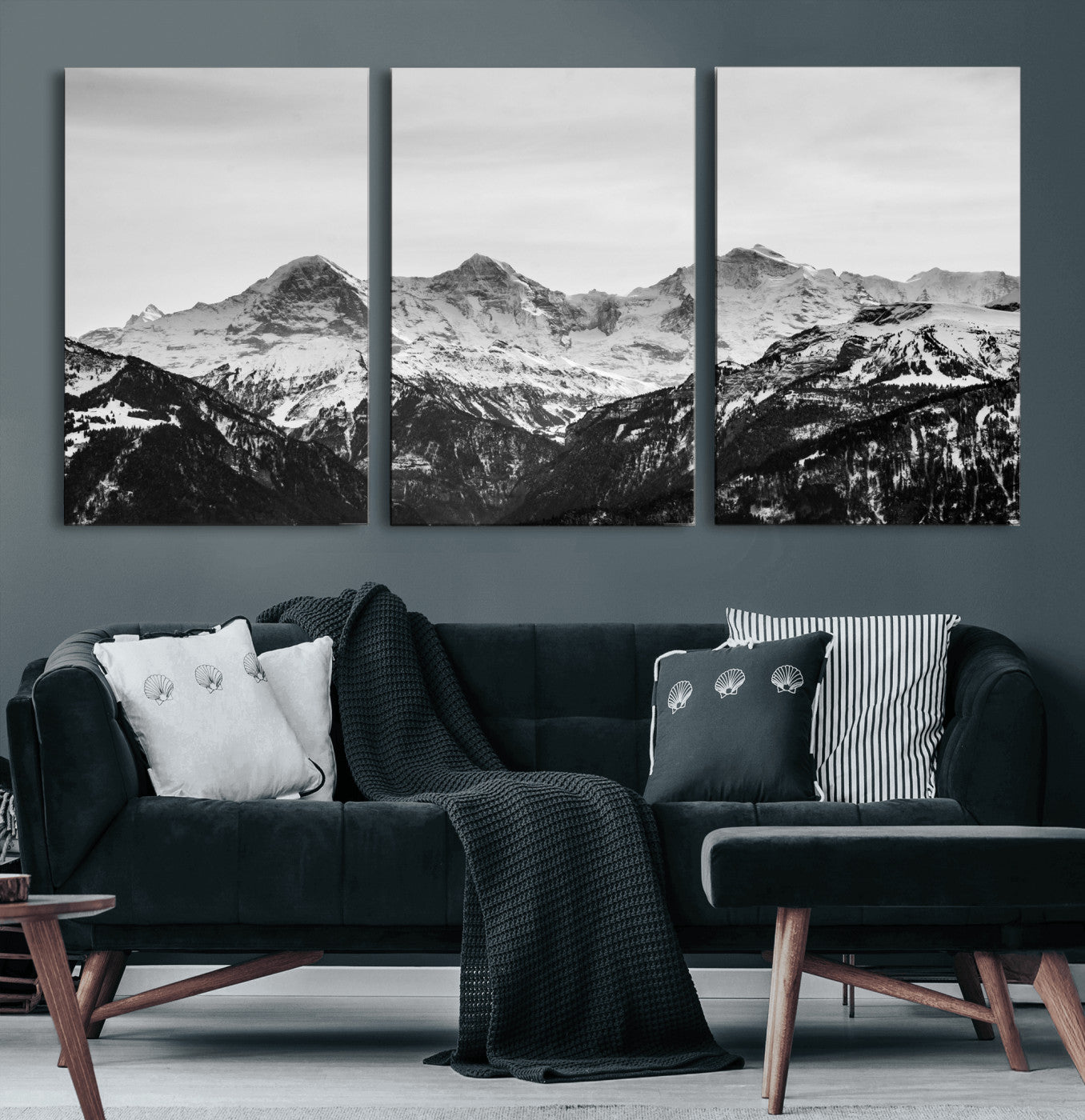 85684934-MGV-CV-36X24 - Black and White Mountain Wall Art Canvas Print, Snowy Alpine Peaks Landscape Photography, Minimal Monochrome Mountain Art, Scenic Nature Wall Decor