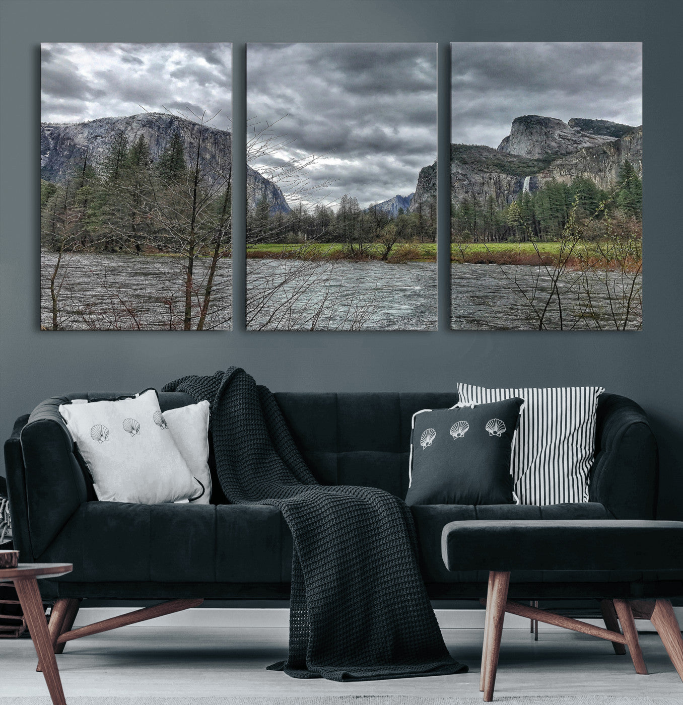 75582552-MGV-CV-36X24 - Yosemite Valley River Landscape Wall Art Canvas Print, Granite Cliffs Forest River Canvas Print, California National Park Moody Scenic Art Printi