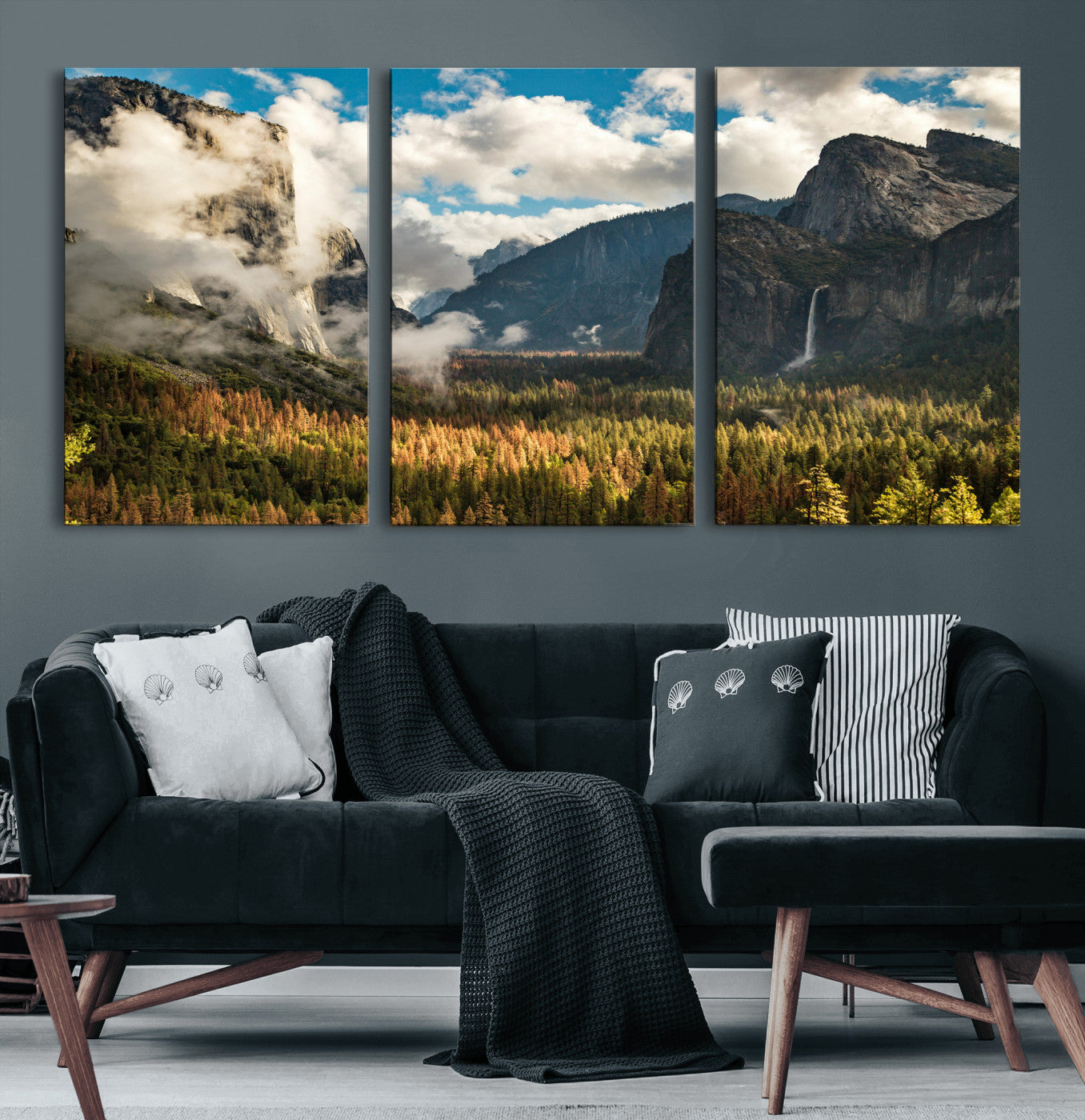 18271001-MGV-CV-36X24 - Yosemite Valley River Landscape Wall Art Canvas Print, Granite Cliffs Forest River Canvas Print, California National Park Moody Scenic Art Printi