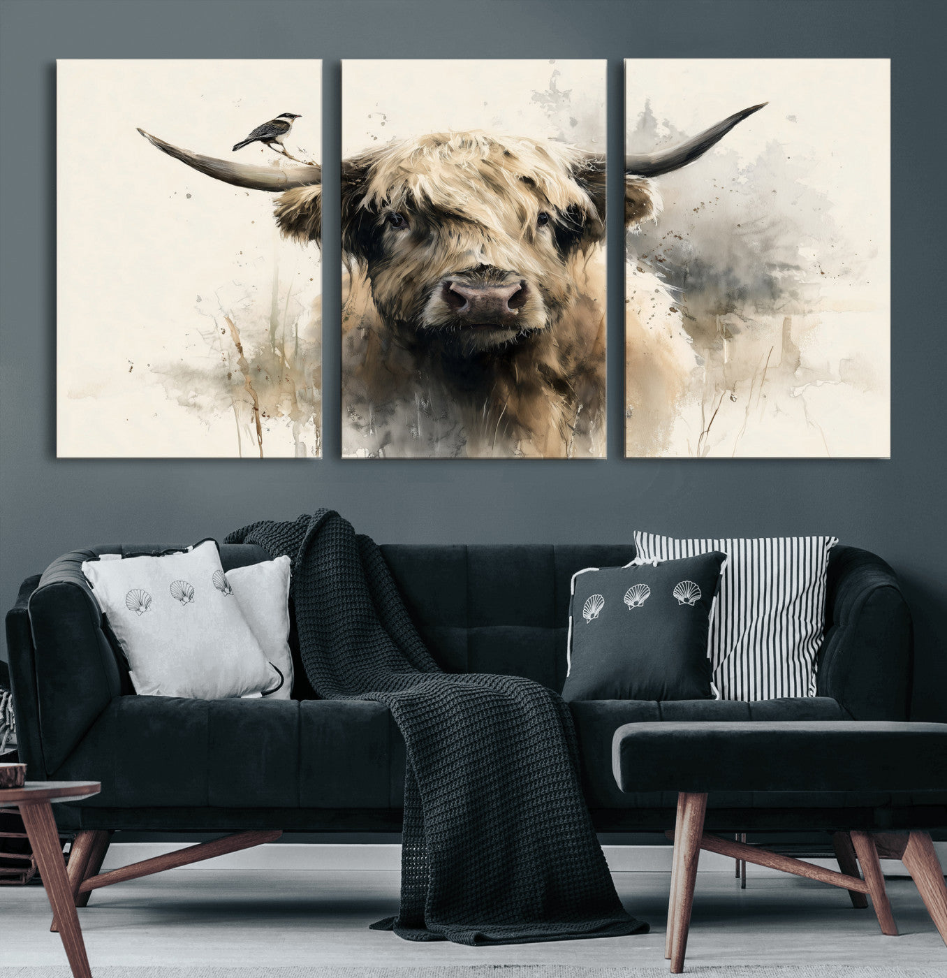 98249290-MGV-CV-36X24 - Abstract Highland Cow Watercolor Animal Wall Art Canvas Print, Rustic Farm Cattle Portrait Canvas Print, Neutral Wildlife Farmhouse Art Printing