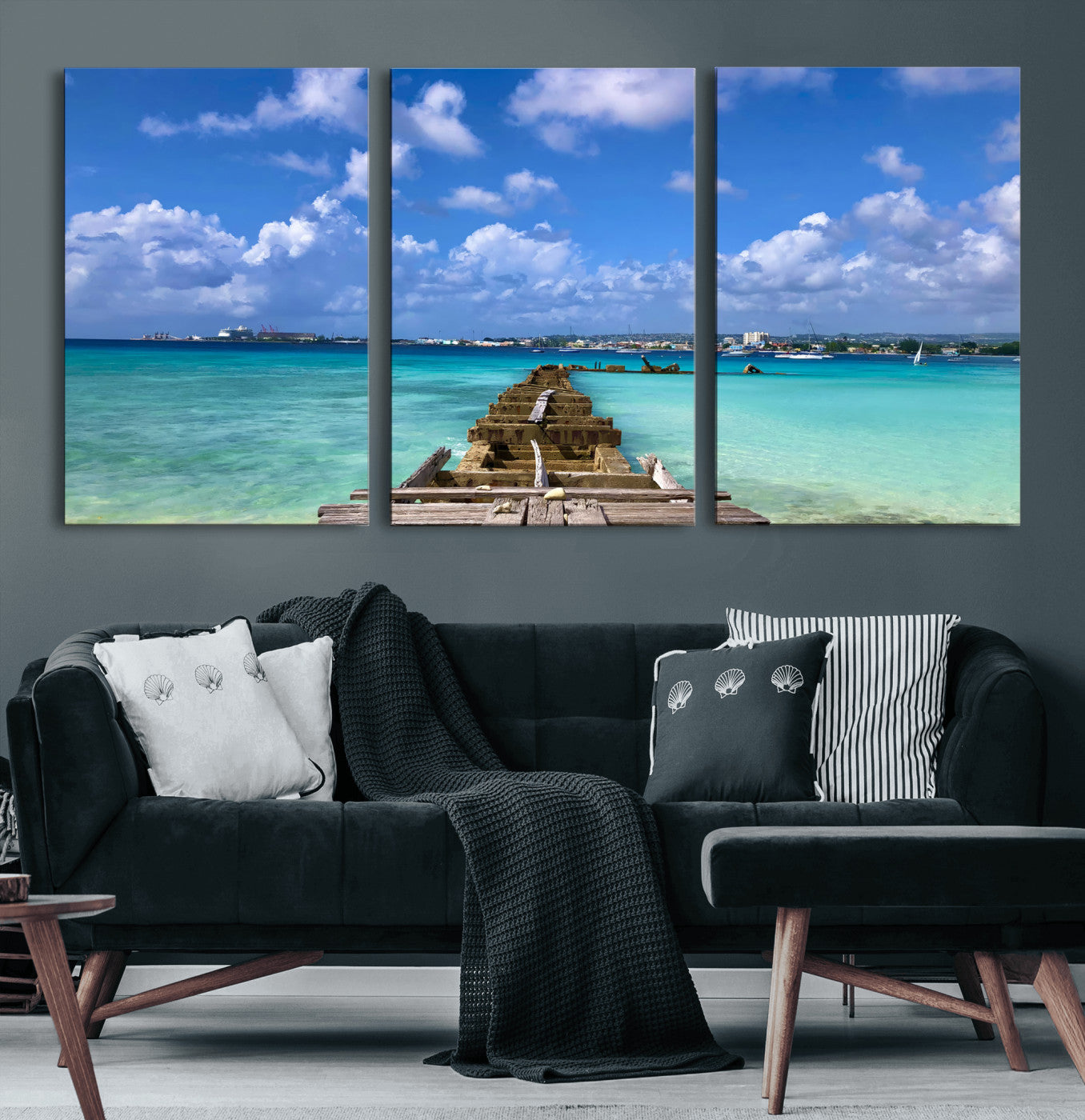 43165024-MGV-CV-36X24 - Caribbean Ocean Pier Seascape Wall Art Canvas Print, Turquoise Sea Tropical Harbor Canvas Print, Island Coastal Blue Water Scenic Art Printing