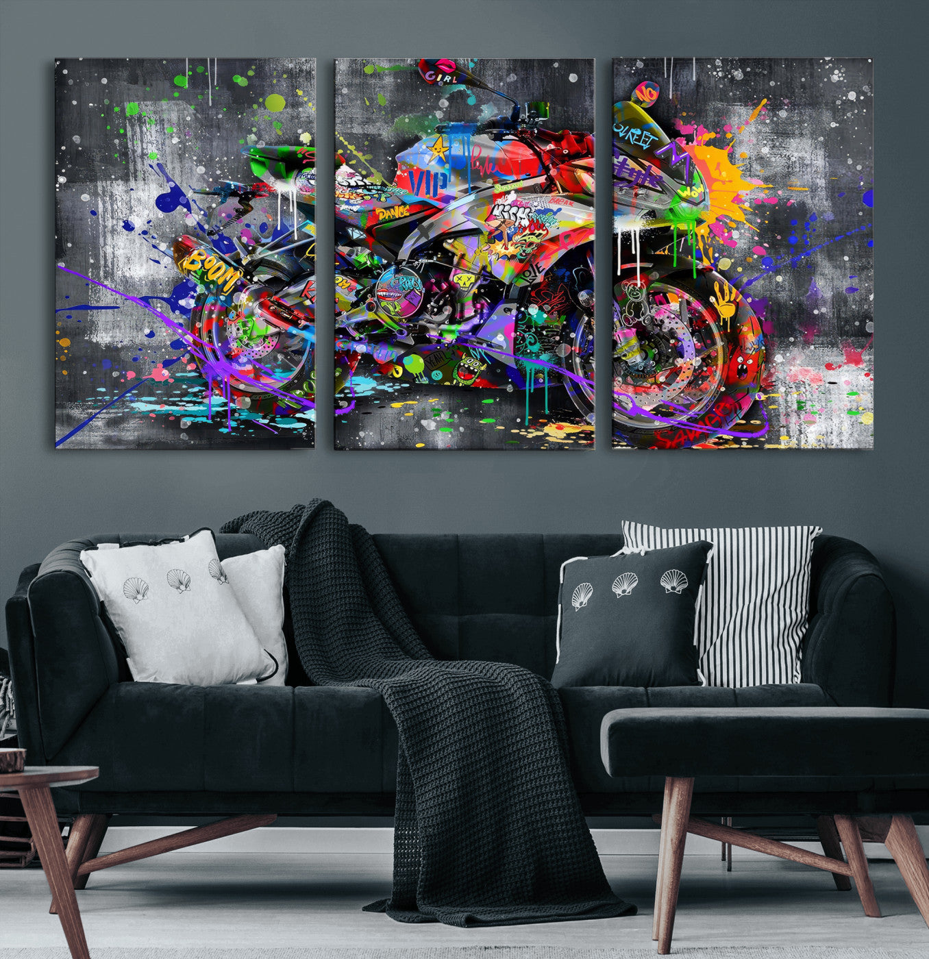 83021767-MGV-CV-36X24 - Graffiti Motorcycle Wall Art Canvas Print, Urban Street Art Motorbike Decor, Colorful Graffiti Sports Bike Artwork