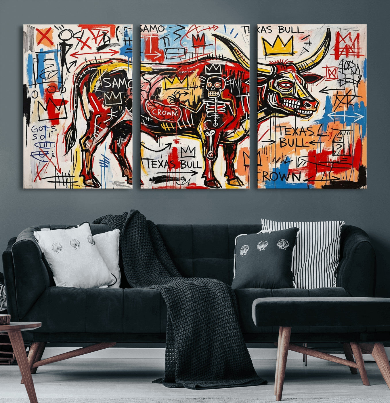 89504579-MGV-CV-36X24 - TITLE: Texas Bull Wall Art Canvas Print, Abstract Graffiti Bull Painting, Western Animal Art, Modern Ranch Decor