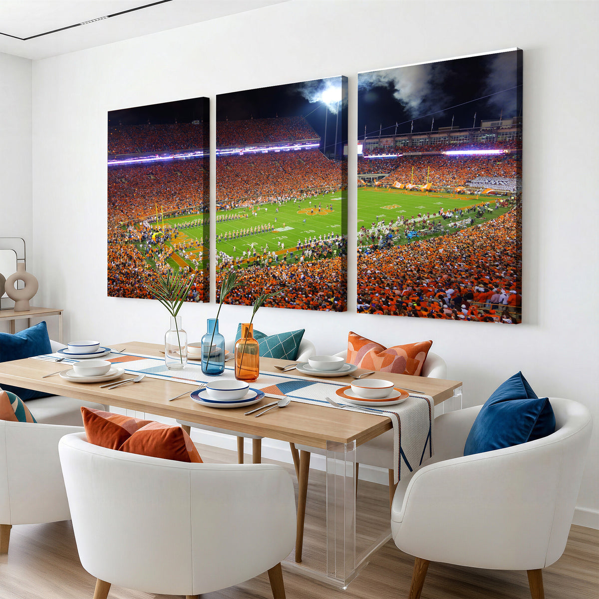 43662631-MGV-CV-36X24 - Clemson Football Stadium Wall Art Canvas Print, College Football Crowd Night Game Scene, Orange Stadium Panorama Wall Decor