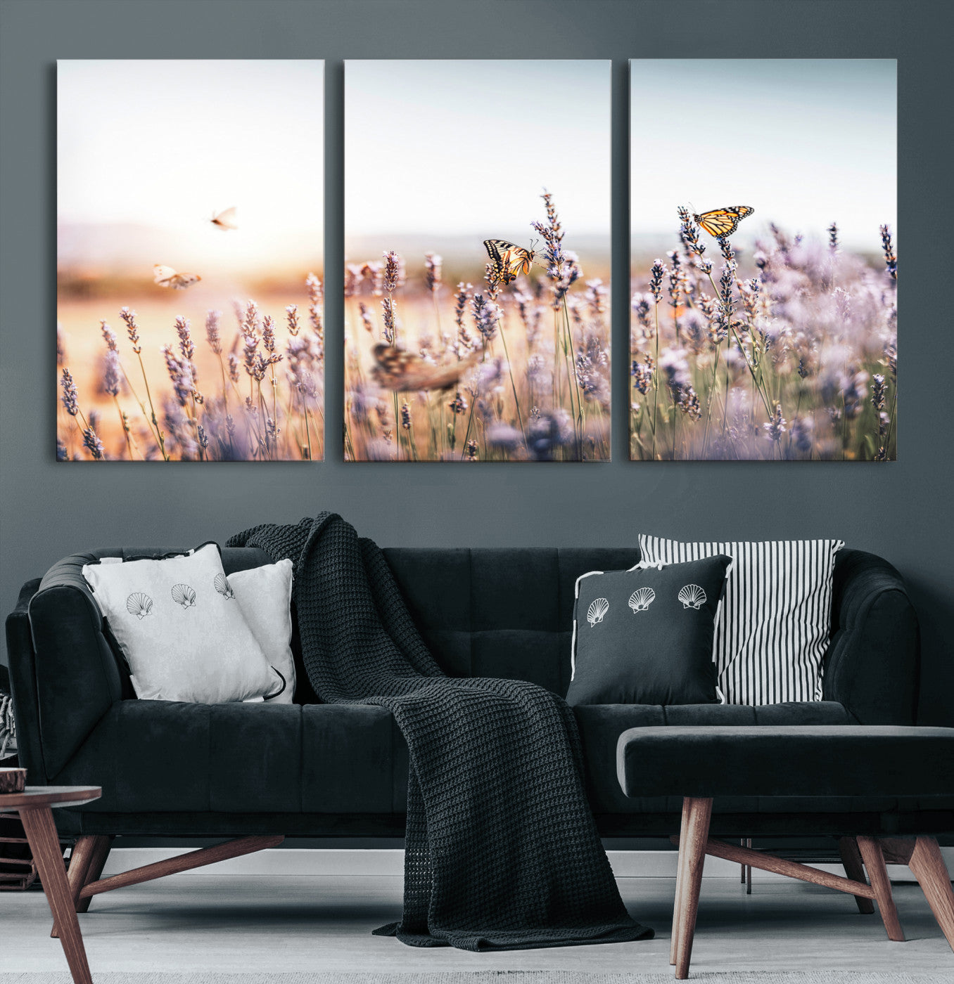 46417478-MGV-CV-36X24 - Lavender Field Wall Art Canvas Print, Butterfly Floral Landscape Art, Soft Nature Wall Decor for Bedroom