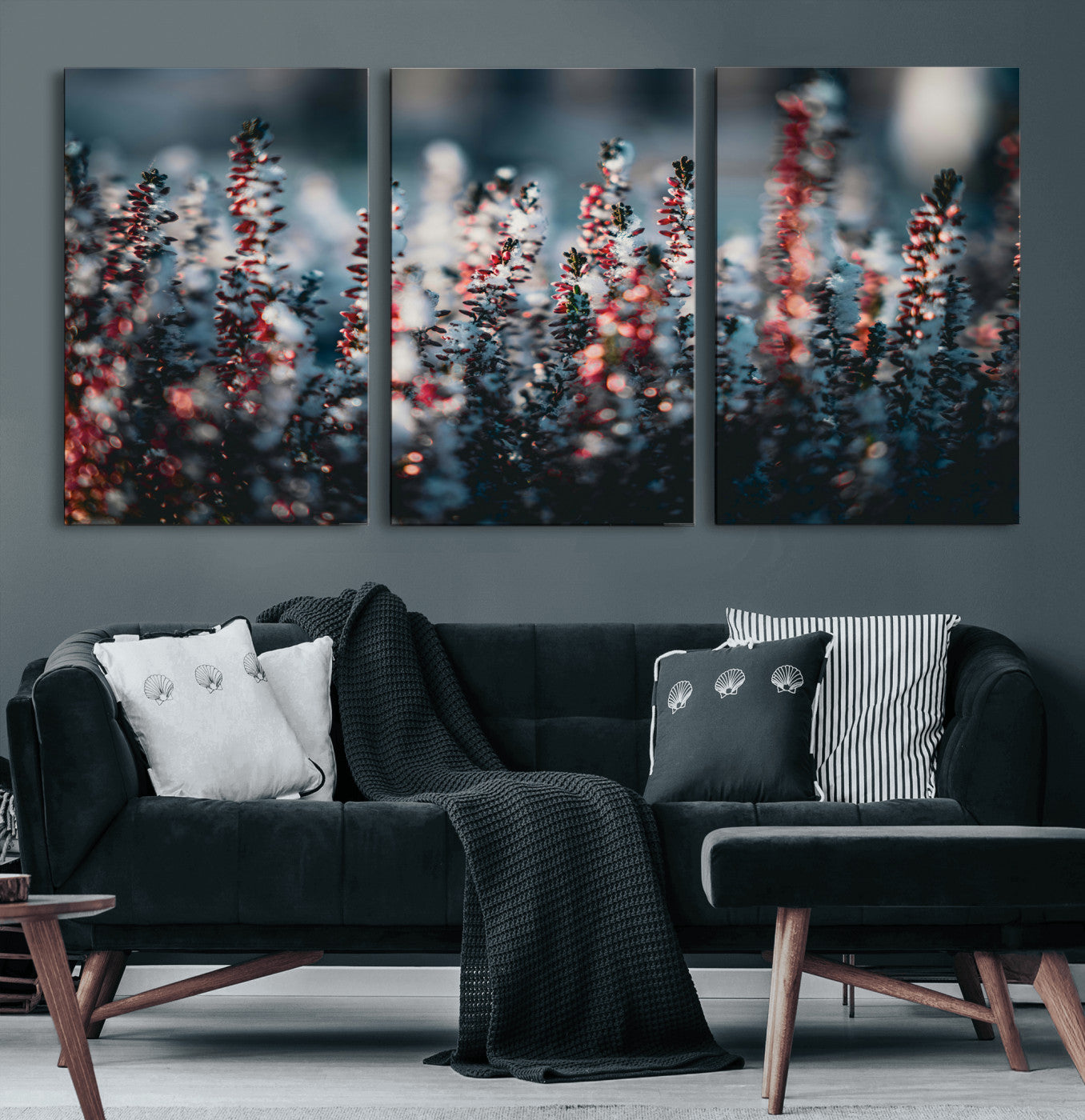 82063935-MGV-CV-36X24 - Winter Heather Wall Art Canvas Print, Frosted Floral Nature Art, Moody Botanical Wall Decor