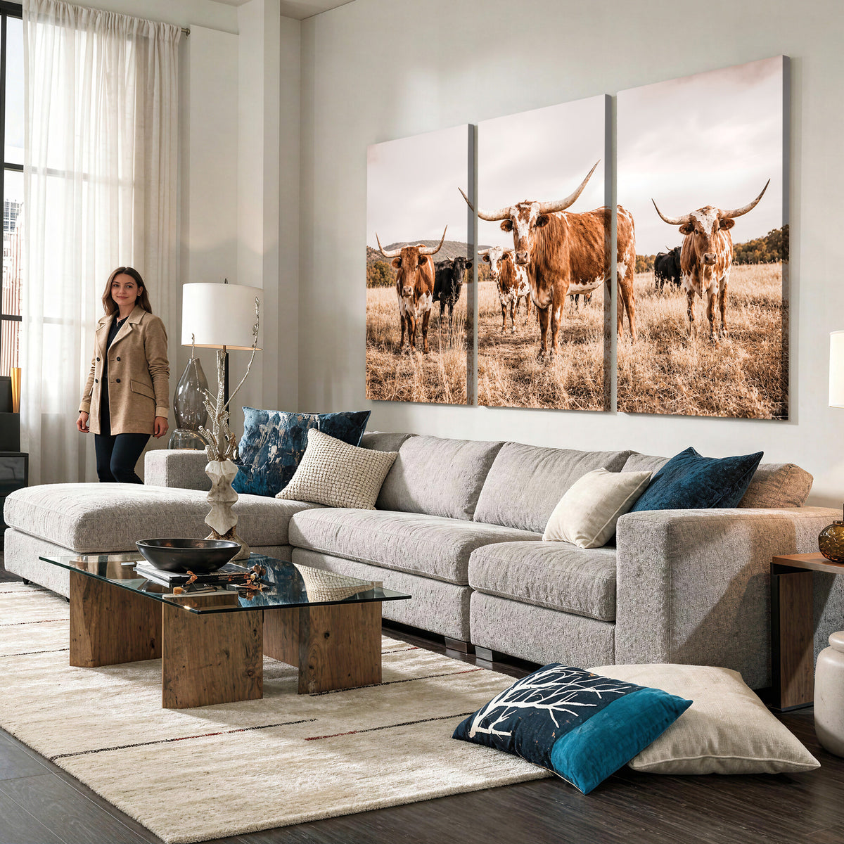 27539727-MGV-CV-36X24 - Texas Longhorn Cattle Wall Art Canvas Print, Sepia Western Decor