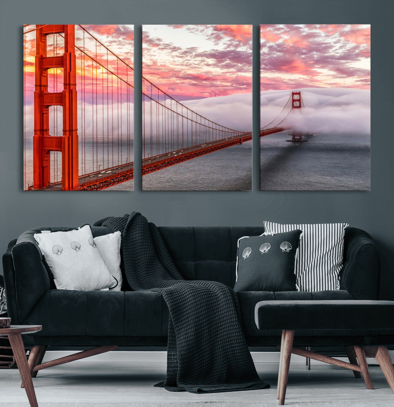 58813635-MGV-CV-36X24 - Golden Gate Bridge Wall Art Canvas Print, San Francisco City Landmark Wall Decor, Foggy Sunset Bridge Artwork, Modern Cityscape Canvas Wall Art, Framed Canvas Wall Art Ready to Hang