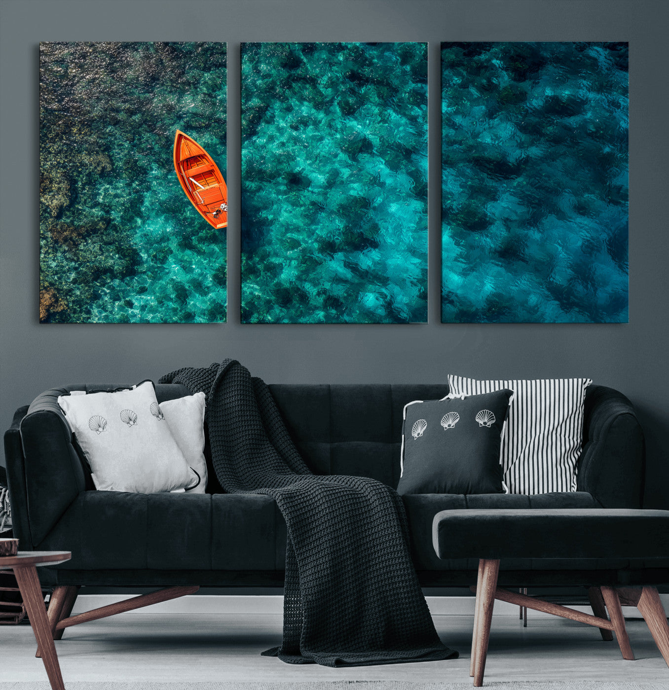 51638658-MGV-CV-36X24 - Turquoise Ocean Boat Wall Art Canvas Print, Aerial Sea Landscape Artwork, Minimal Coastal Water Scene, Modern Blue Ocean Canvas Wall Art Print