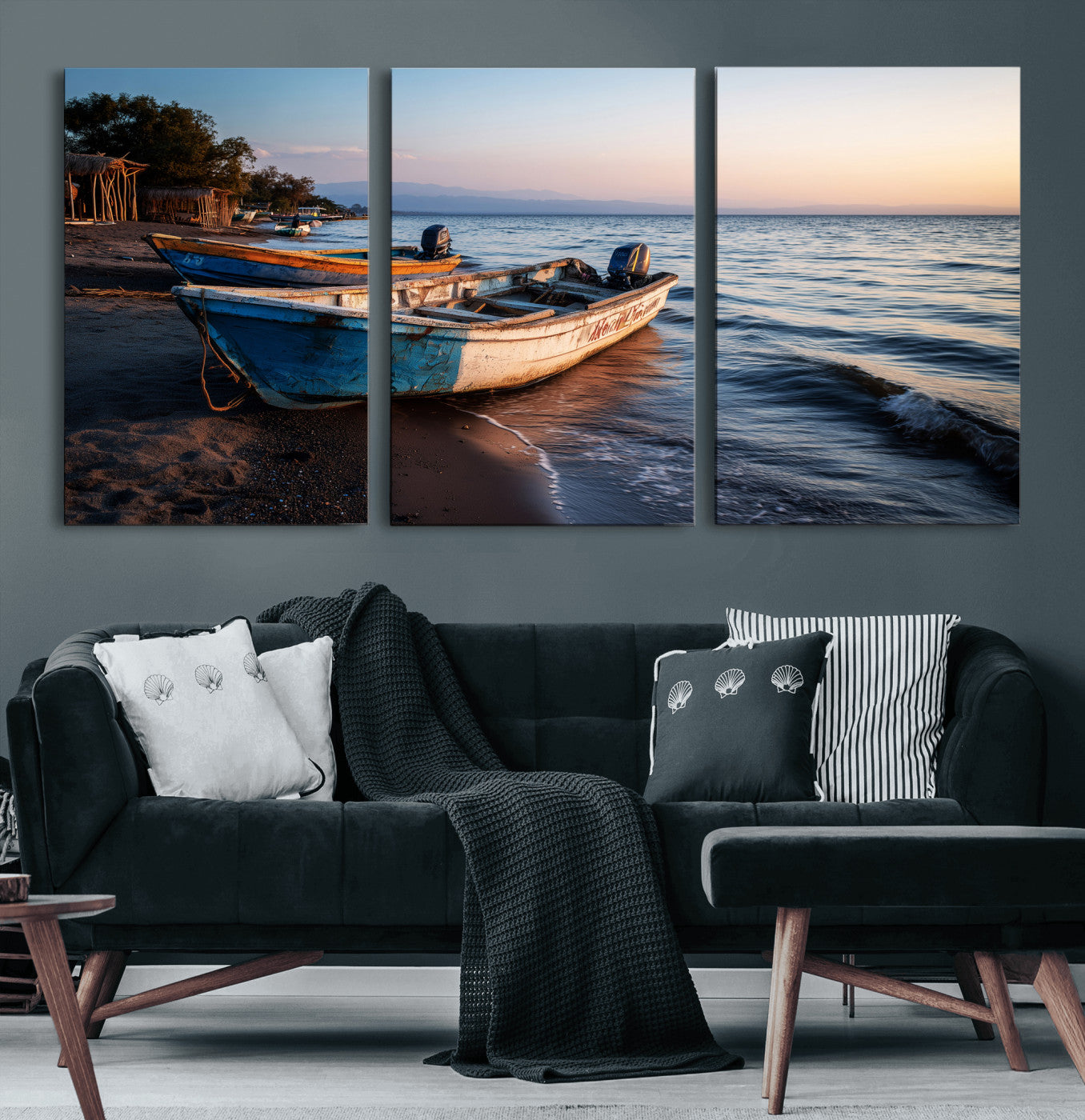 48310406-MGV-CV-36X24 - Coastal Fishing Boats Wall Art Canvas Print, Sunset Beach Boat Scene, Rustic Seaside Landscape Artwork, Calm Ocean Shore Wall Art