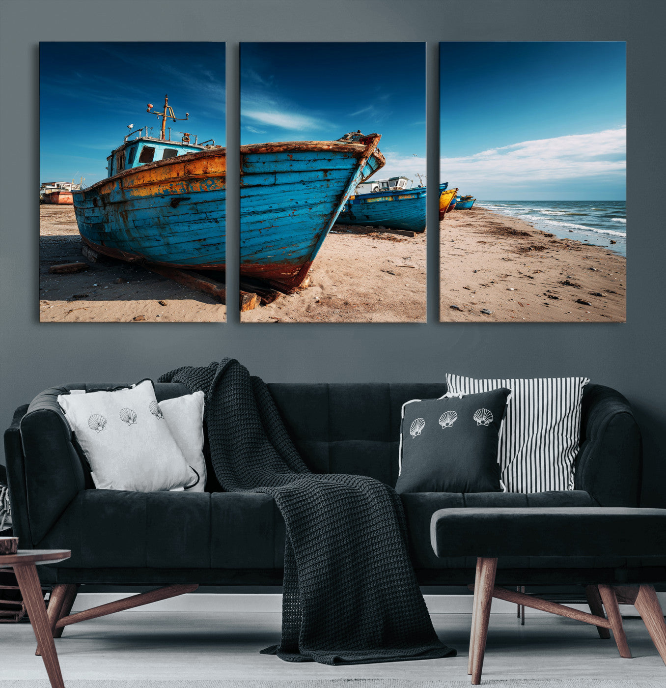 99726300-MGV-CV-36X24 - Coastal Fishing Boats Wall Art Canvas Print, Sunset Beach Boat Scene, Rustic Seaside Landscape Artwork, Calm Ocean Shore Wall Art