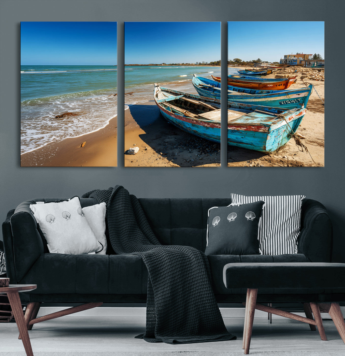 23003319-MGV-CV-36X24 - Coastal Fishing Boats Wall Art Canvas Print, Sunset Beach Boat Scene, Rustic Seaside Landscape Artwork, Calm Ocean Shore Wall Art