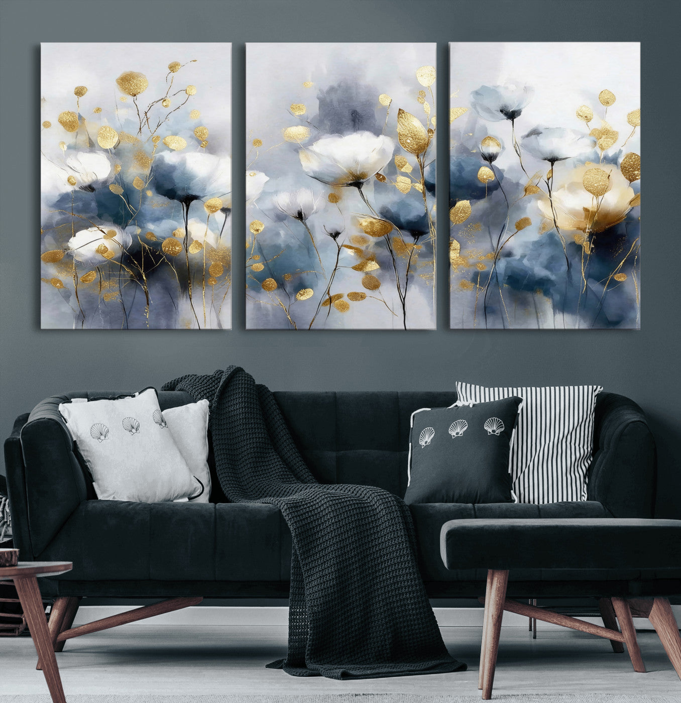 84358857-MGV-CV-36X24 - Large Abstract Flowers Wall Art Canvas Print – Gold and Blue Botanical Artwork for Living Room, Bedroom, and Office Decor