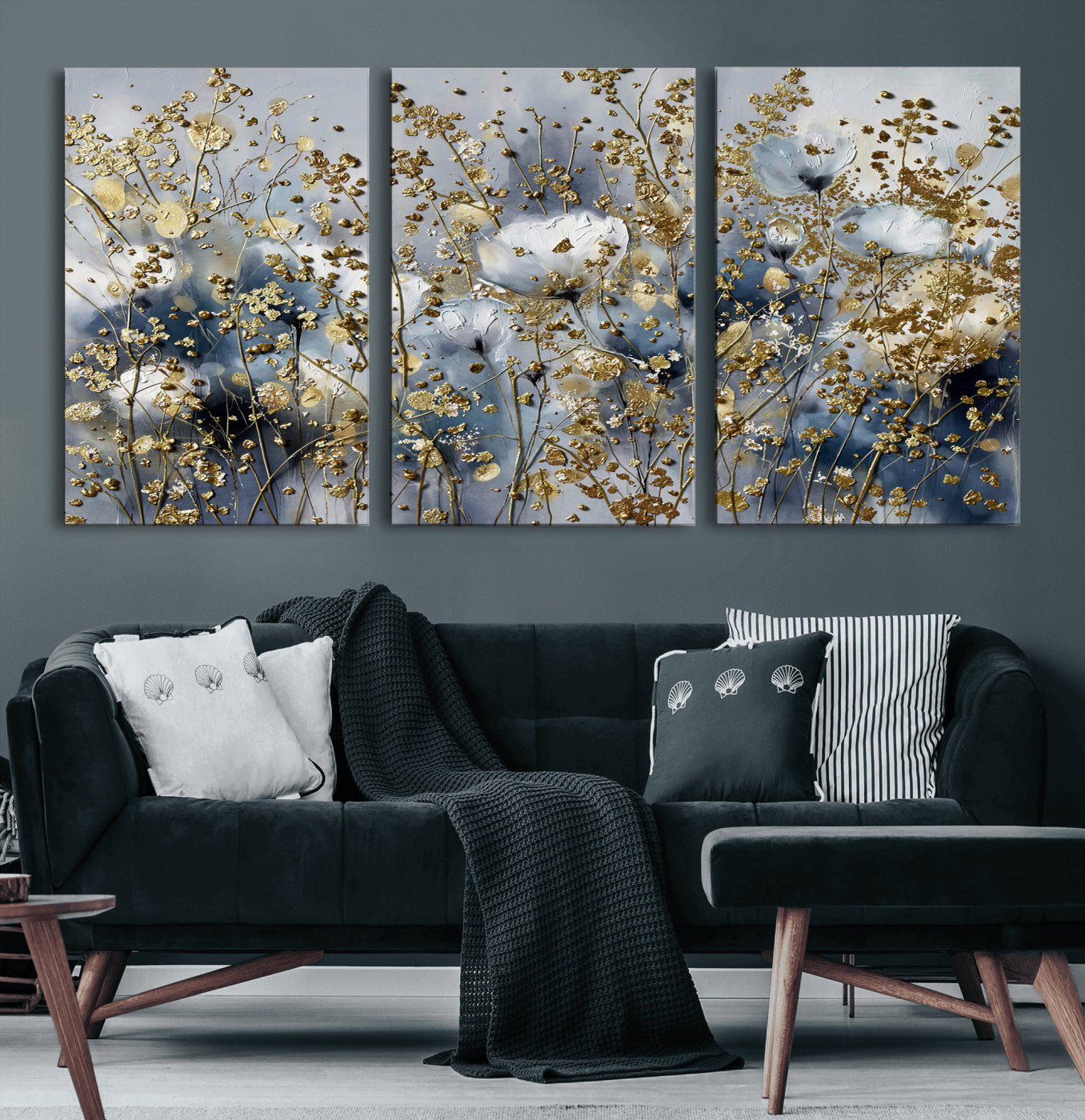 24499670-MGV-CV-36X24 - Abstract Floral Wall Art Canvas Print – Gold and Blue Botanical Artwork for Living Room, Bedroom, and Office Decor