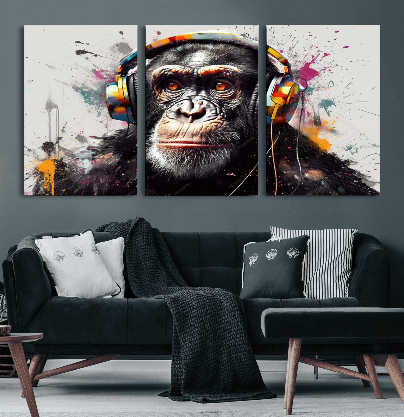 31244985-MGV-CV-36X24 - Dj Monkey Wall Art Canvas Print – Colorful Pop Art Banksy Graffiti Chimpanzee Print