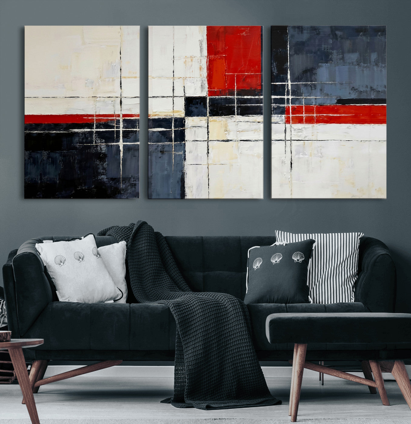 11921181-MGV-CV-36X24 - Navy Red Abstract Wall Art Canvas Print, Modern Luxury Geometric Painting Wall Decor for Living Room and Office