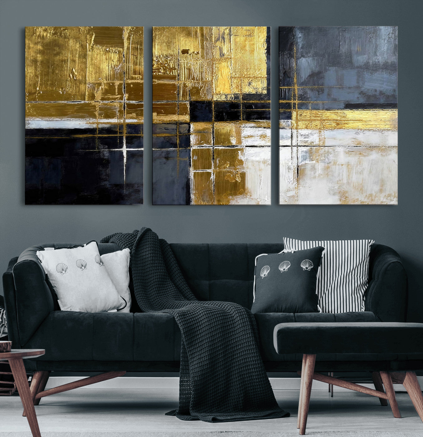 76917030-MGV-CV-36X24 - Gold Navy Abstract Wall Art Canvas Print, Modern Luxury Geometric Painting Wall Decor for Living Room and Office