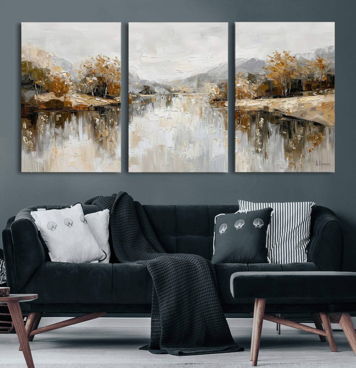 78227690-MGV-CV-36X24 - Neutral Abstract Lake Landscape Wall Art Canvas Print, Modern Minimal River Reflection Canvas Print, Beige Gray Contemporary Nature Art Printing