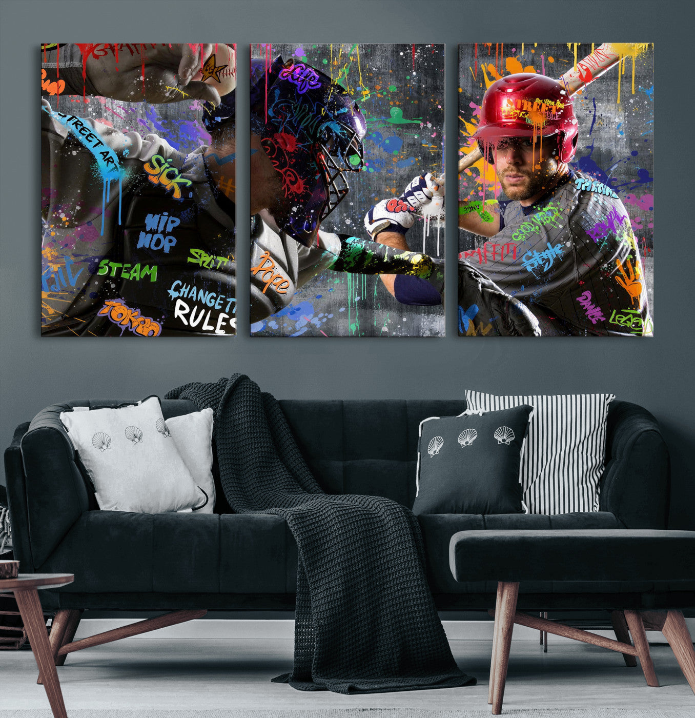 19634994-MGV-CV-36X24 - Graffiti Baseball Player Street Art Wall Art Canvas Print, Urban Sports Pop Art Baseball Canvas Print, Modern Athletic Graffiti Contemporary Art Printing