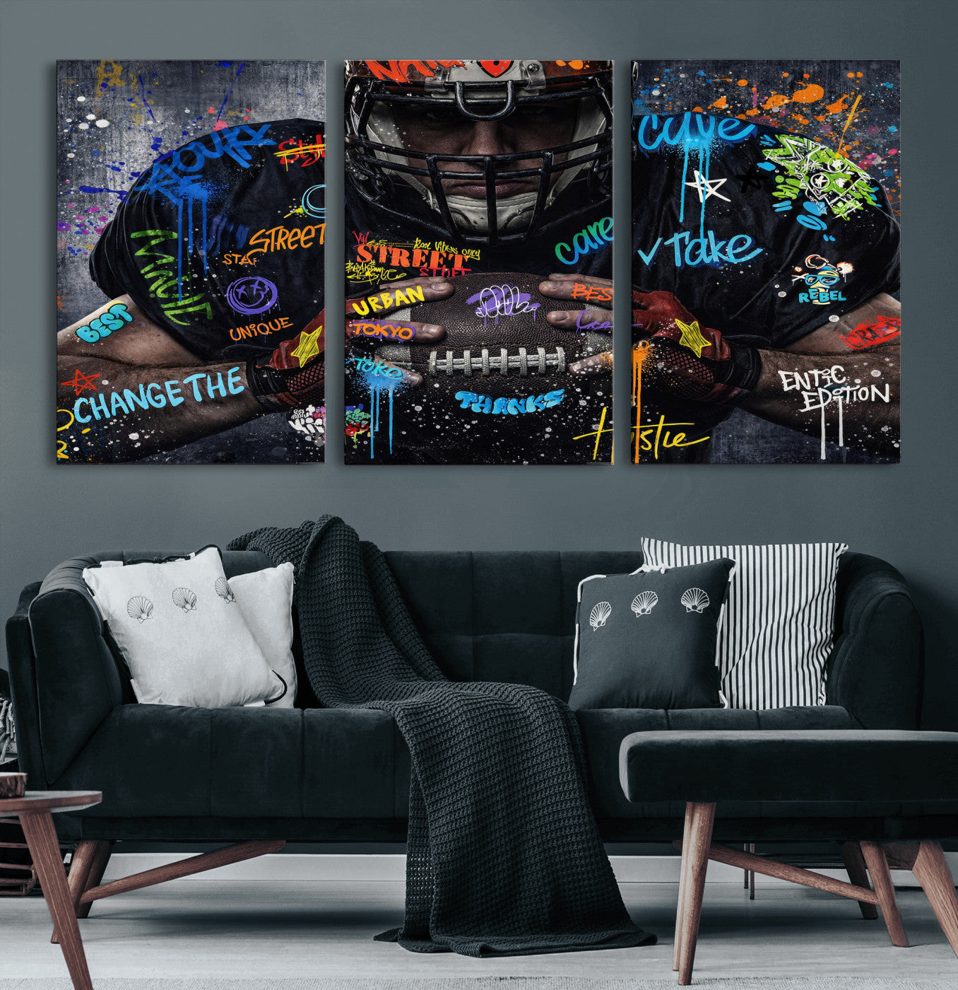 55267256-MGV-CV-36X24 - Graffiti American Football Player Street Art Wall Art Canvas Print, Urban Sports Pop Art Football Canvas Print, Modern Athletic Graffiti Contemporary Art Printing