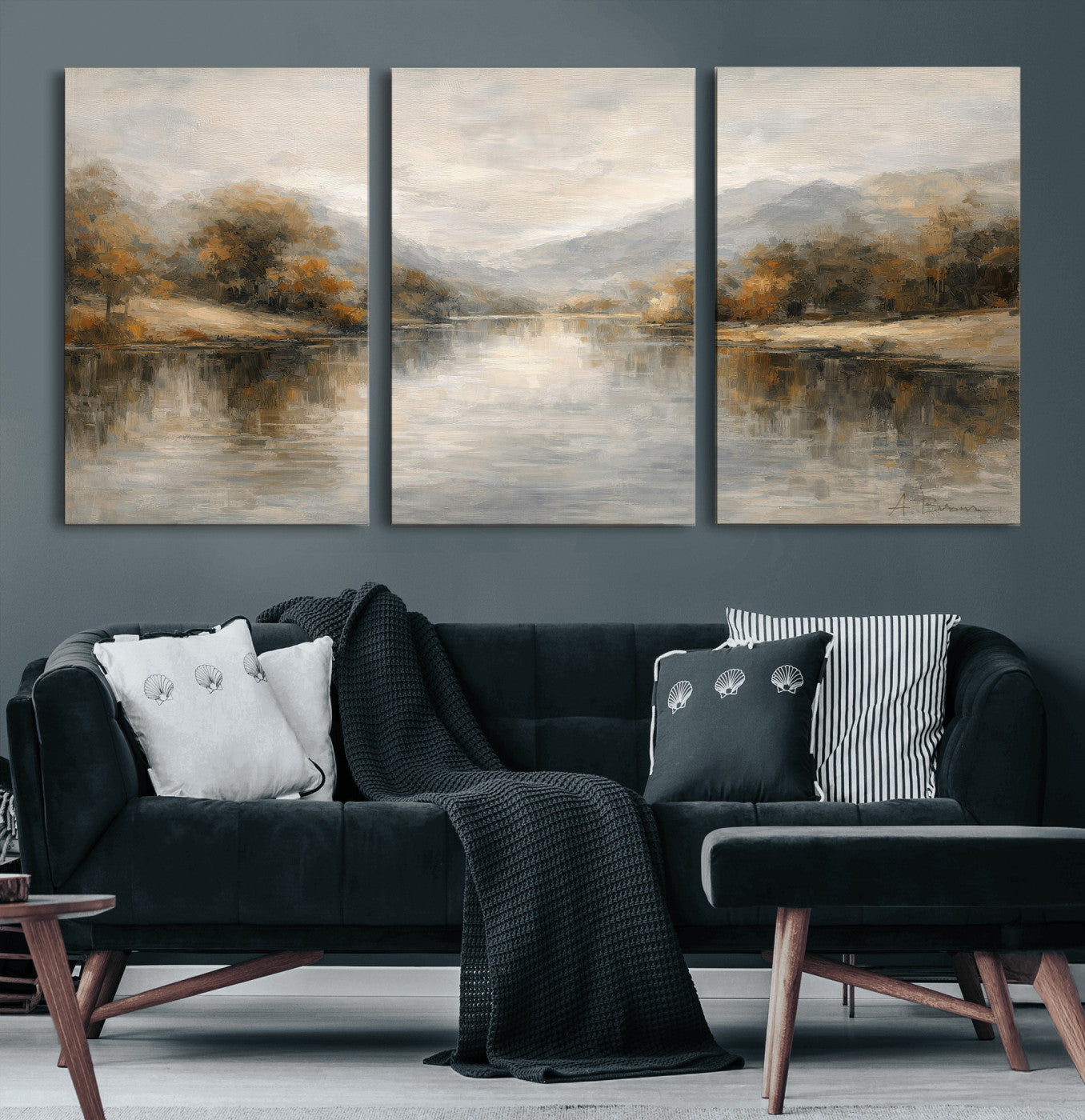 29251761-MGV-CV-36X24 - Neutral Abstract River Landscape Wall Art Canvas Print, Modern Minimal Nature Reflection Canvas Print, Beige Gray Contemporary Mountain Art Printing
