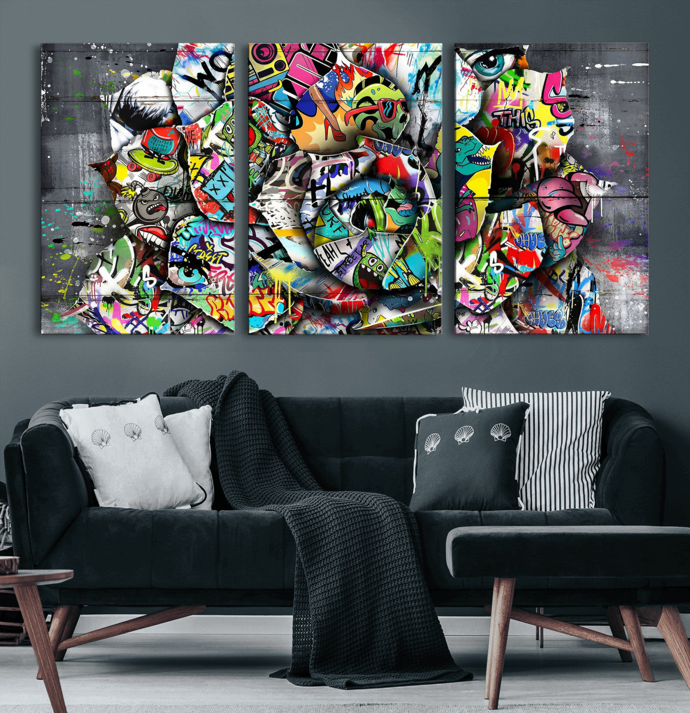77553344-MGV-CV-36X24 - Abstract Graffiti Collage Street Art Wall Art Canvas Print, Colorful Urban Pop Art Canvas Print, Modern Graffiti Patchwork Contemporary Art Printing
