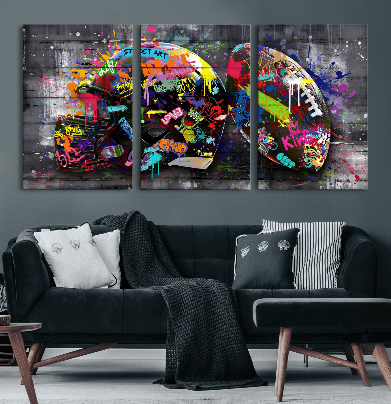80540773-MGV-CV-36X24 - Graffiti American Football Helmet Street Art Wall Art Canvas Print, Urban Sports Pop Art Football Canvas Print, Colorful Graffiti Sports Contemporary Art Printing