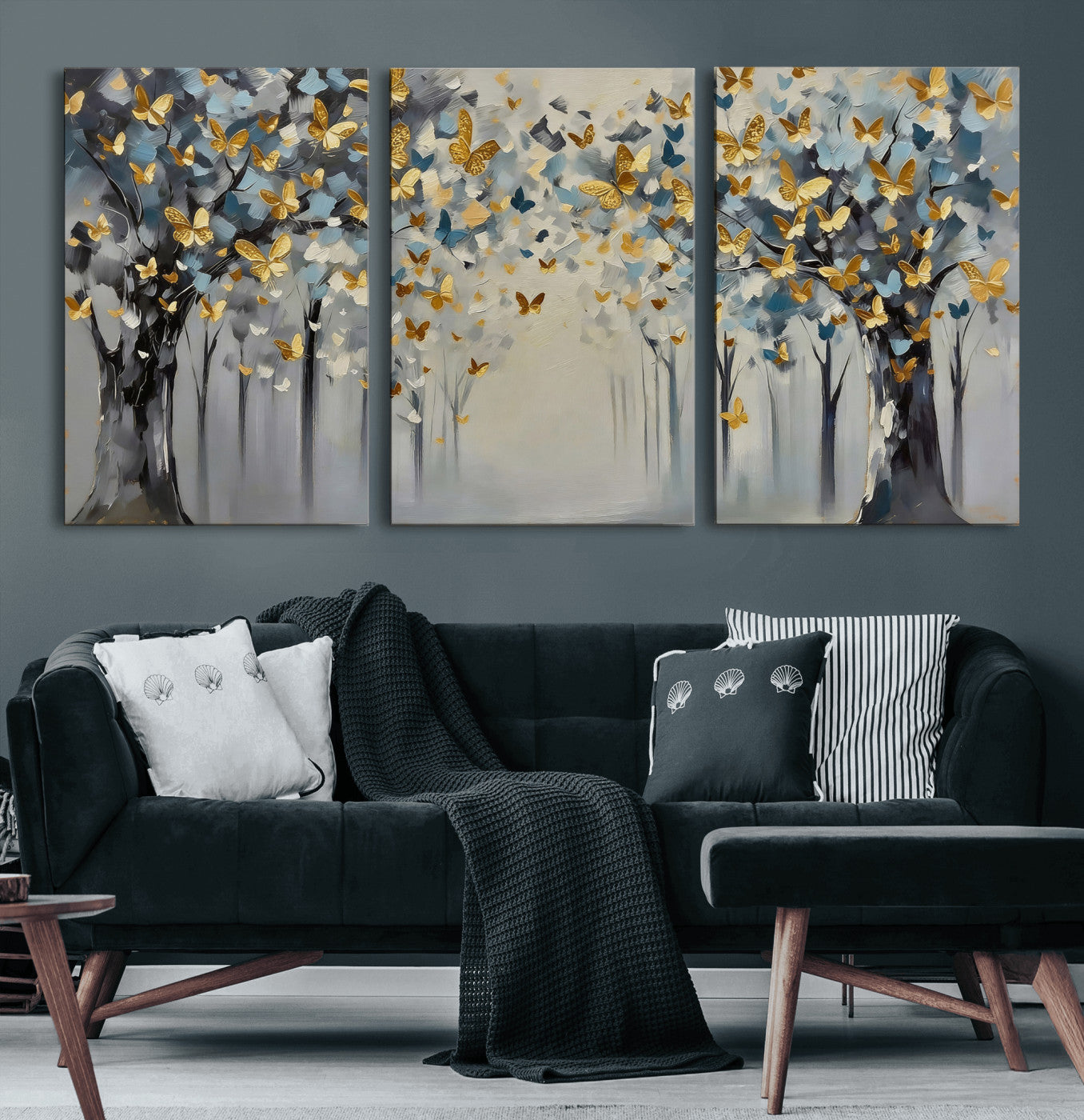 79208191-MGV-CV-36X24 - Golden Butterfly Tree Abstract Wall Art Canvas Print, Modern Elegant Nature Painting Canvas Print, Blue Gold Contemporary Floral Art Printing