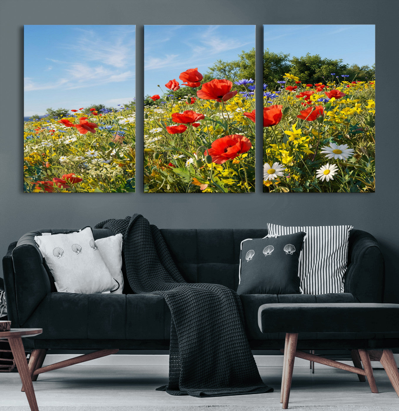 38570784-MGV-CV-36X24 - Wildflower Meadow Wall Art Canvas Print – Colorful Poppy and Daisy Field Landscape Artwork for Living Room Decor