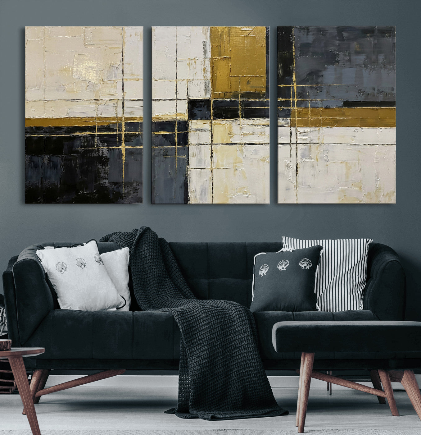 36097945-MGV-CV-36X24 - Abstract Gold and Black Wall Art Canvas Print – Modern Geometric Neutral Artwork for Living Room Decor