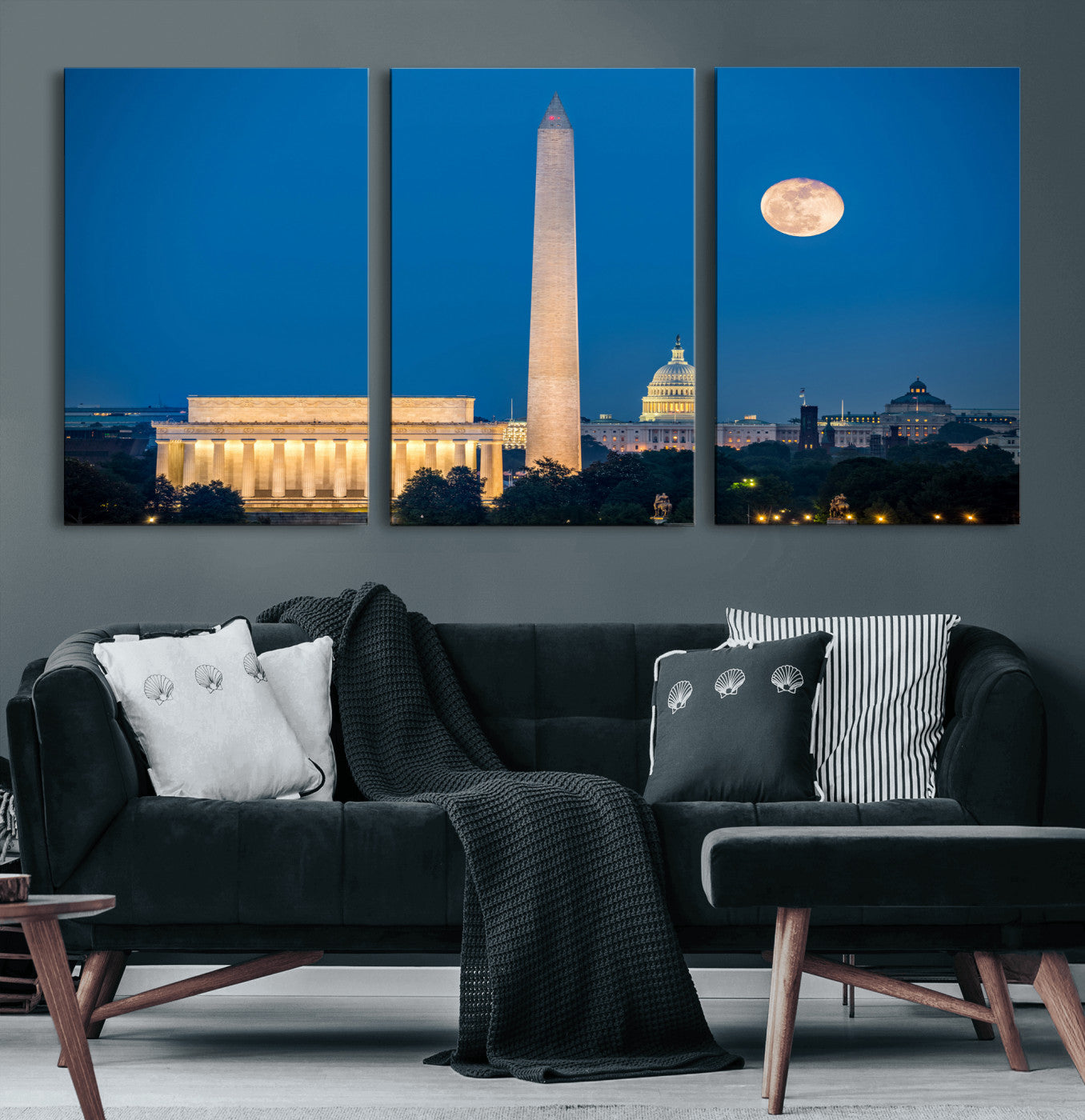 96712946-MGV-CV-36X24 - Washington DC Skyline Wall Art Canvas Print – Lincoln Memorial, Washington Monument and US Capitol Night Cityscape Artwork